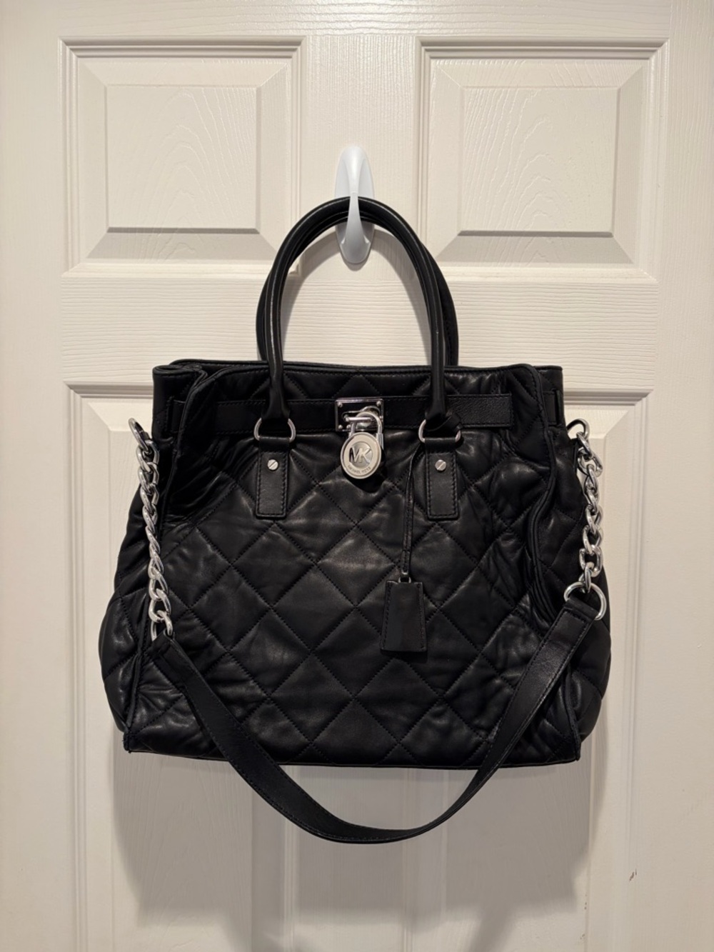 Michael Kors Black Quilted Leather Tote with Chain Strap